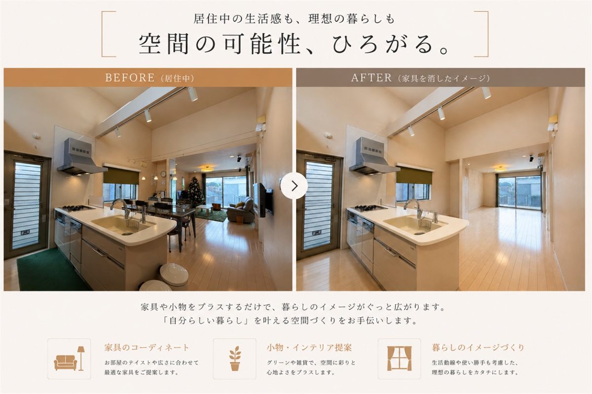 AIホームステージングのビフォー・アフター。居住中の室内と、家具を消したイメージの比較