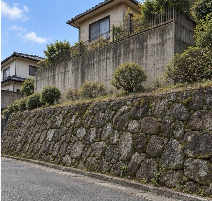 二段擁壁の例。石積みの上にさらにコンクリート壁が載った二段の擁壁